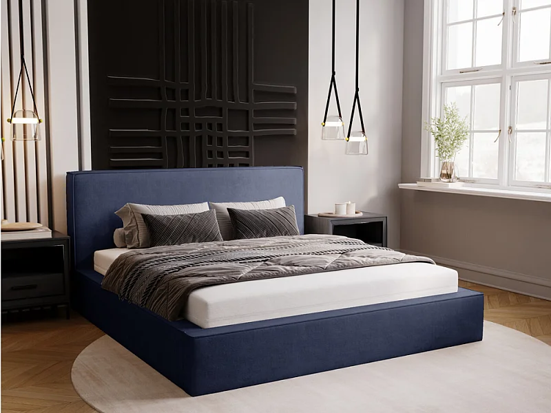 Gestoffeerd bed Monaco 180x200 blauw - opbergruimte voor beddengoed, houten lattenbodem, doorgestikt hoofdbord en bedframe