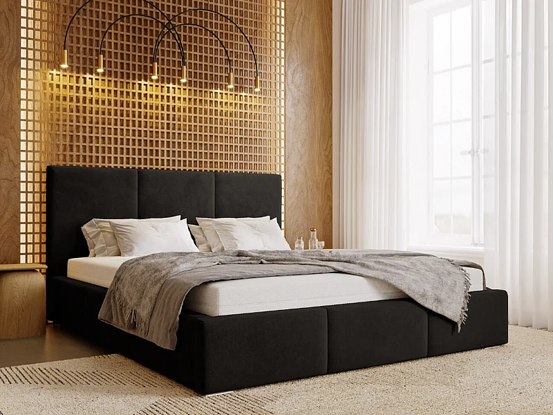 Lit rembourré avec rangement - 140 x 200 - lit double - velours - noir - Lincoln