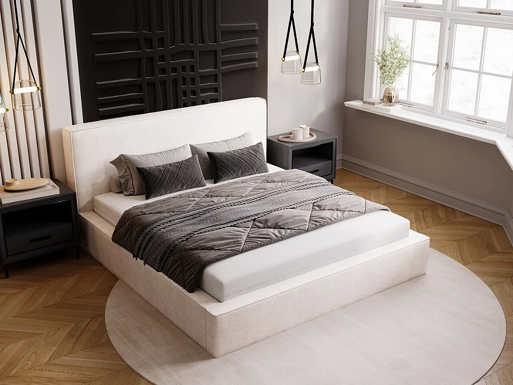 Lit rembourré avec rangement - 120 x 200 - lit double - velours - crème - Monaco