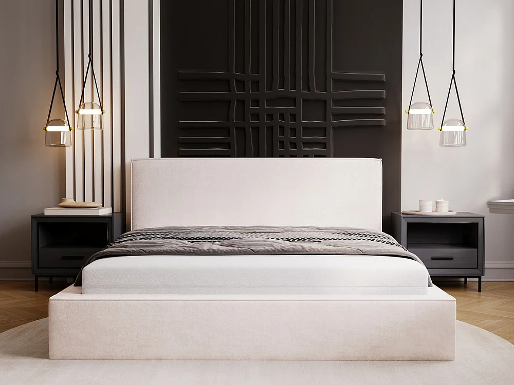 Lit rembourré avec rangement - 120 x 200 - lit double - velours - crème - Monaco