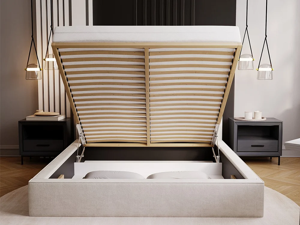 Lit rembourré avec rangement - 120 x 200 - lit double - velours - crème - Monaco