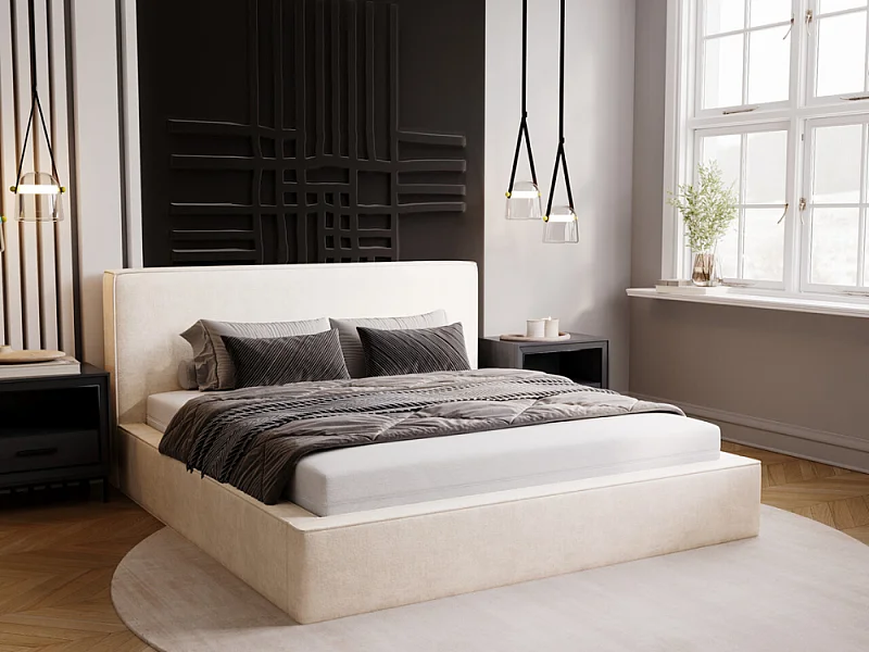 Gestoffeerd bed Monaco 120x200 crème - opbergruimte voor beddengoed, houten lattenbodem, doorgestikt hoofdbord en bedframe