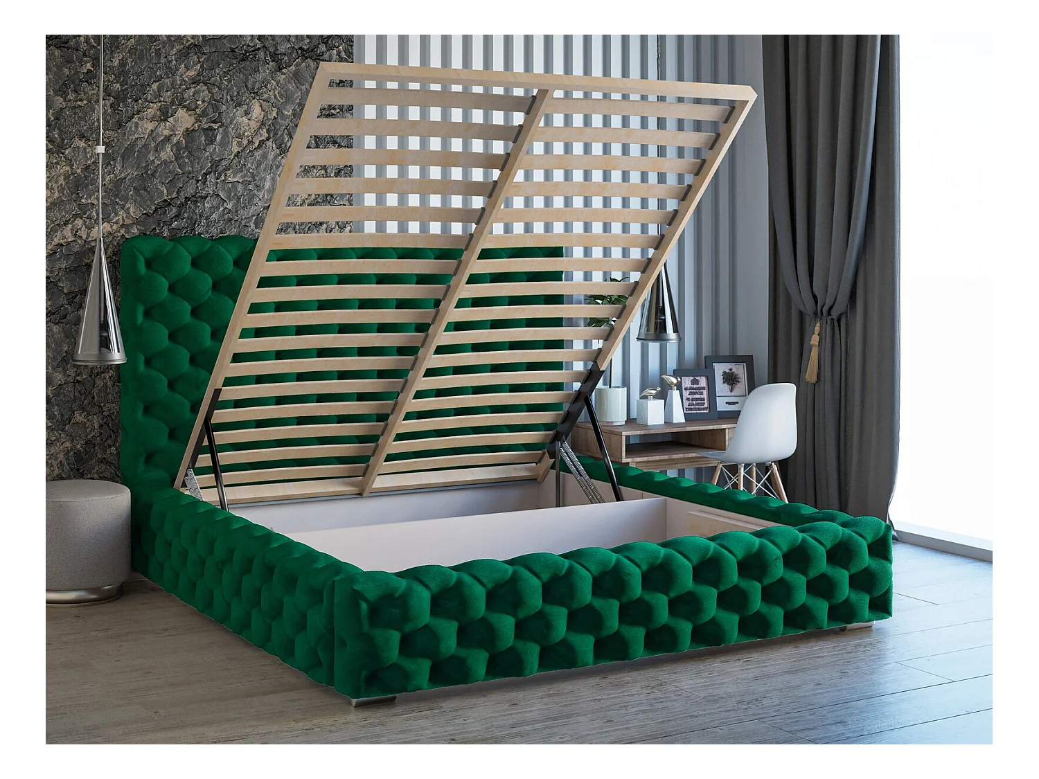 Lit rembourré avec rangement - 160 x 200  - lit double - velours - vert - Heaven