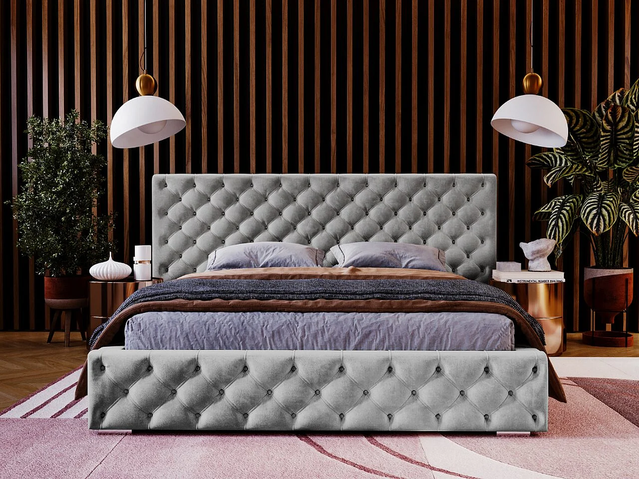 Lit rembourré avec rangement - 180 x 200 - lit double - velours - gris - Madera