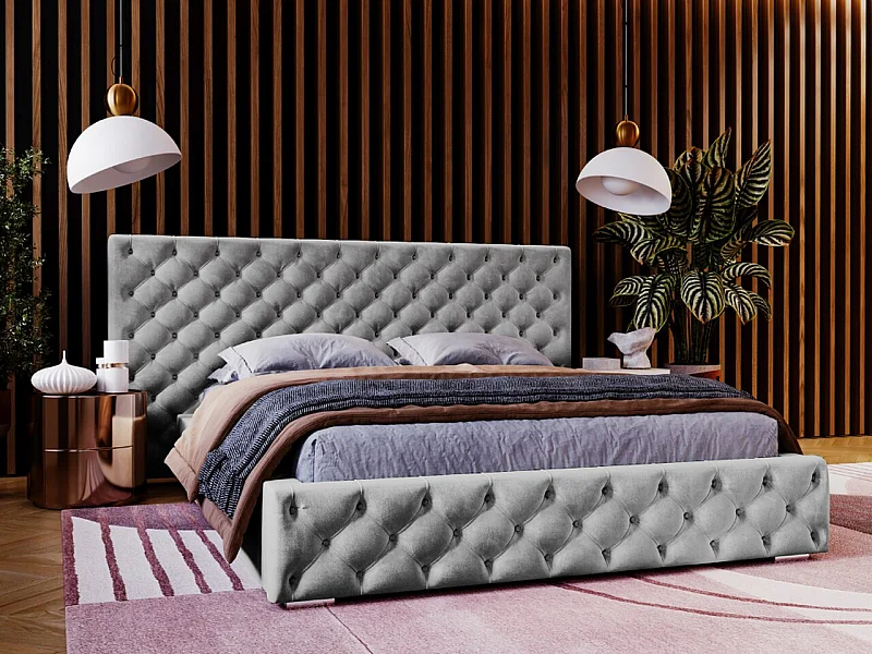 Gestoffeerd bed Madera 180x200 grijs - opbergruimte voor beddengoed, houten lattenbodem, doorgestikt hoofdbord en bedframe