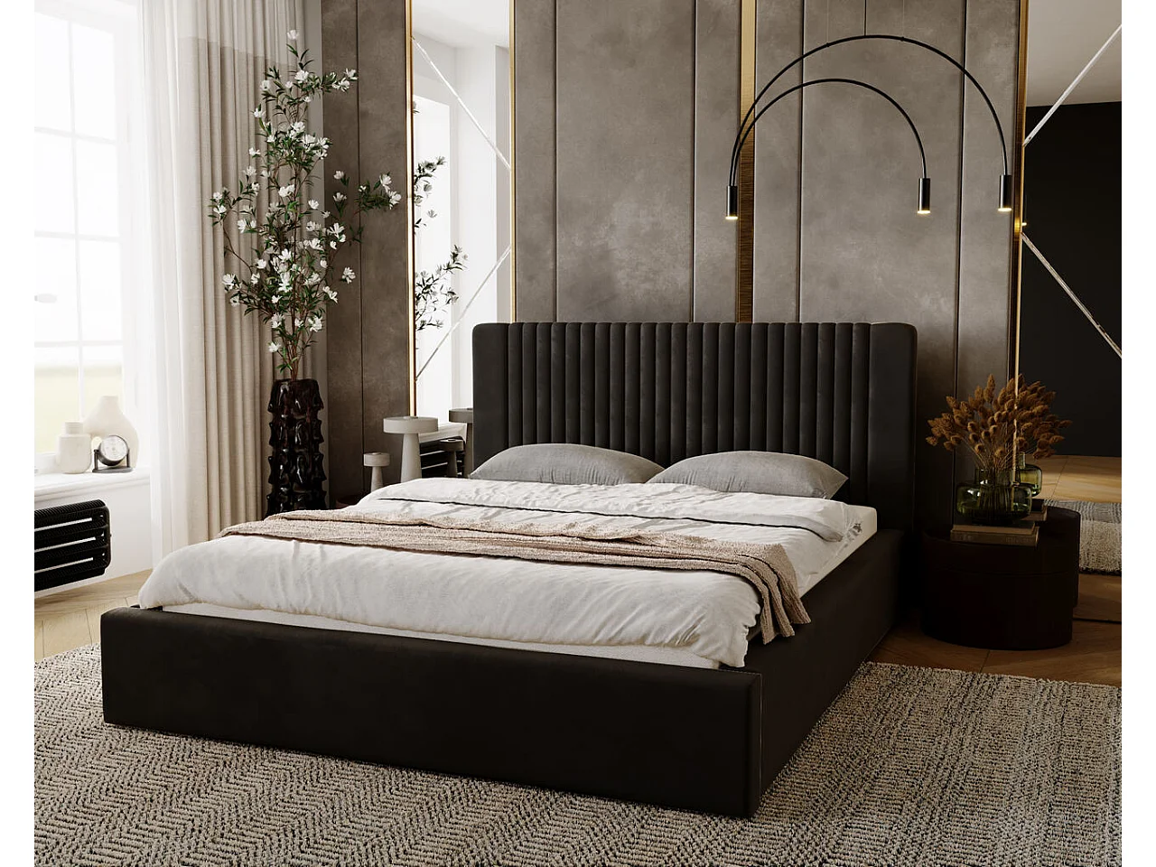 Lit rembourré avec rangement - 120 x 200 - lit double - velours - marron - Malmo