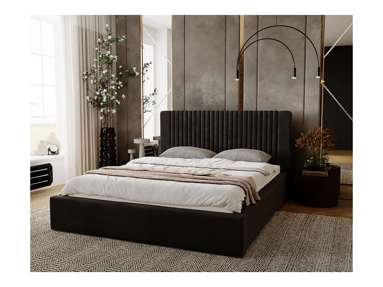 Lit rembourré avec rangement - 120 x 200 - lit double - velours - marron - Malmo