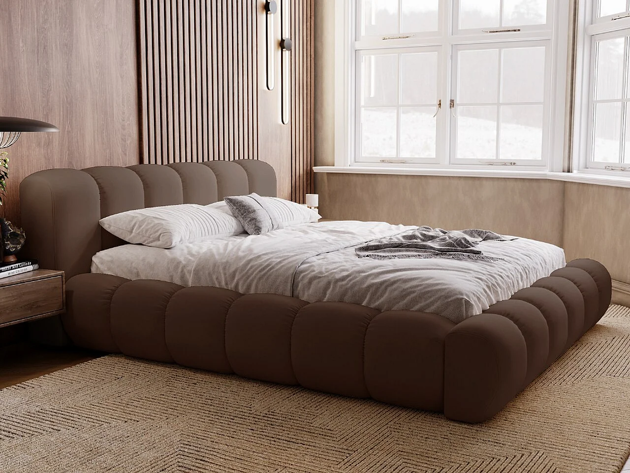 Polsterbett mit Bettkasten - 120 x 200 - Samtstoff - Braun - Bett mit Lattenrost - DORIA