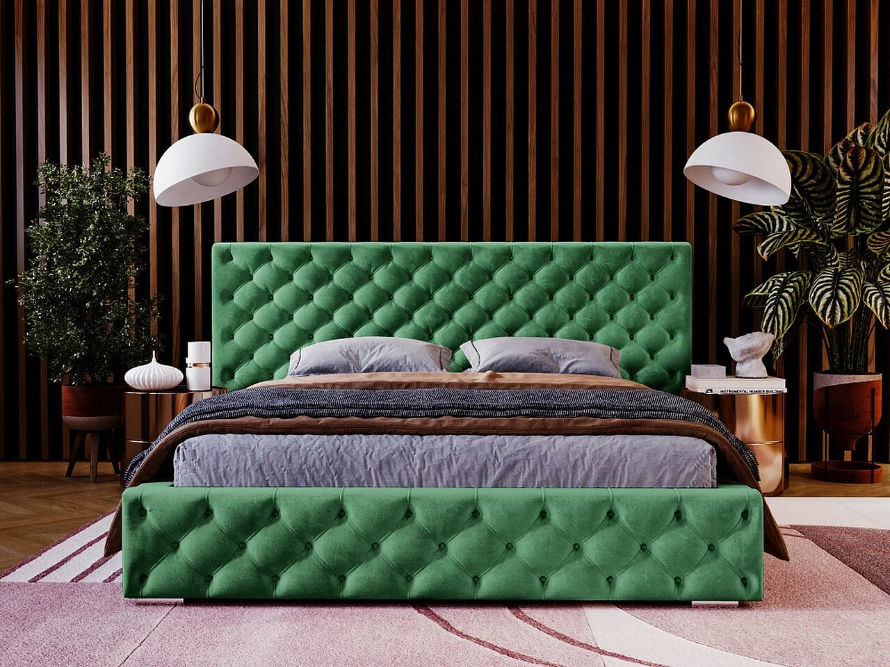 Lit rembourré avec rangement - 120 x 200 - lit double - velours - vert - Madera