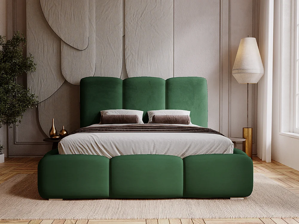 Gestoffeerd bed Bubble 200x200 groen - opbergruimte voor beddengoed, houten lattenbodem, doorgestikt hoofdbord en bedframe