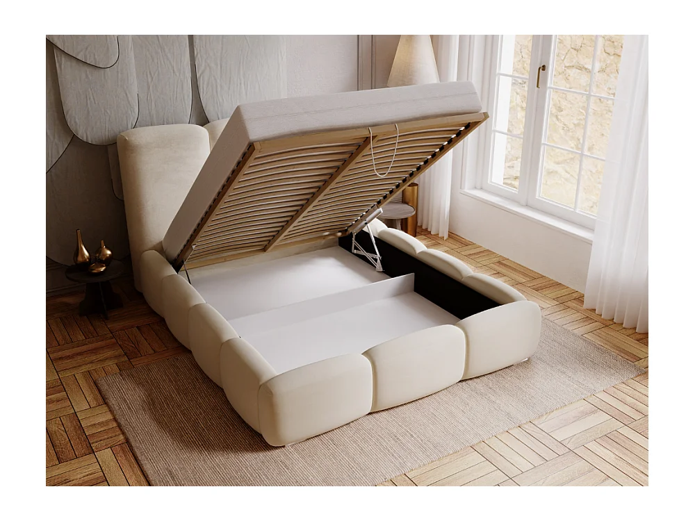 Gestoffeerd bed Bubble 180x200 zwart - opbergruimte voor beddengoed, houten lattenbodem, doorgestikt hoofdbord en bedframe