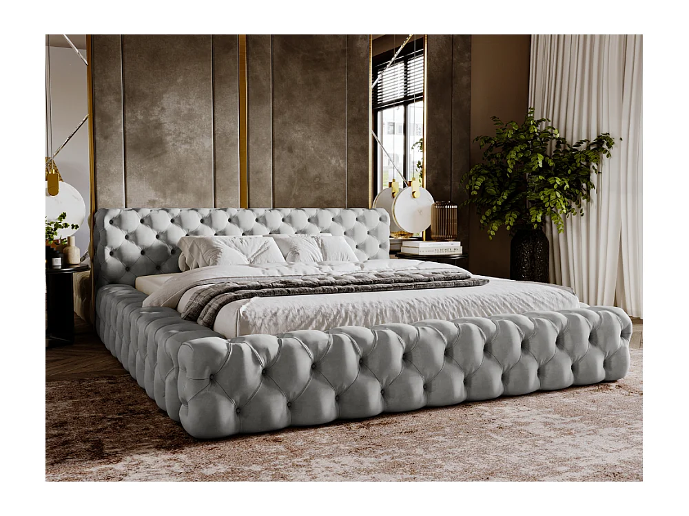 Lit rembourré avec rangement - 160 x 200 - lit double - velours - gris - Palini