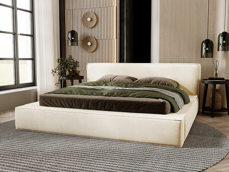 Lit rembourré avec rangement - 140 x 200 - lit double - velours - beige - Mali