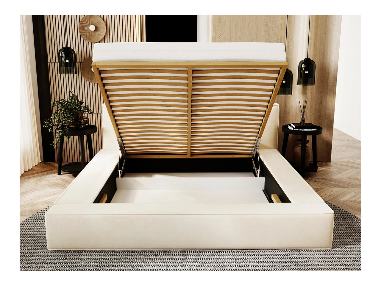 Polsterbett mit Bettkasten - 140 x 200 - Samtstoff - Beige - Bett mit Lattenrost - ARMANI PREMIUM