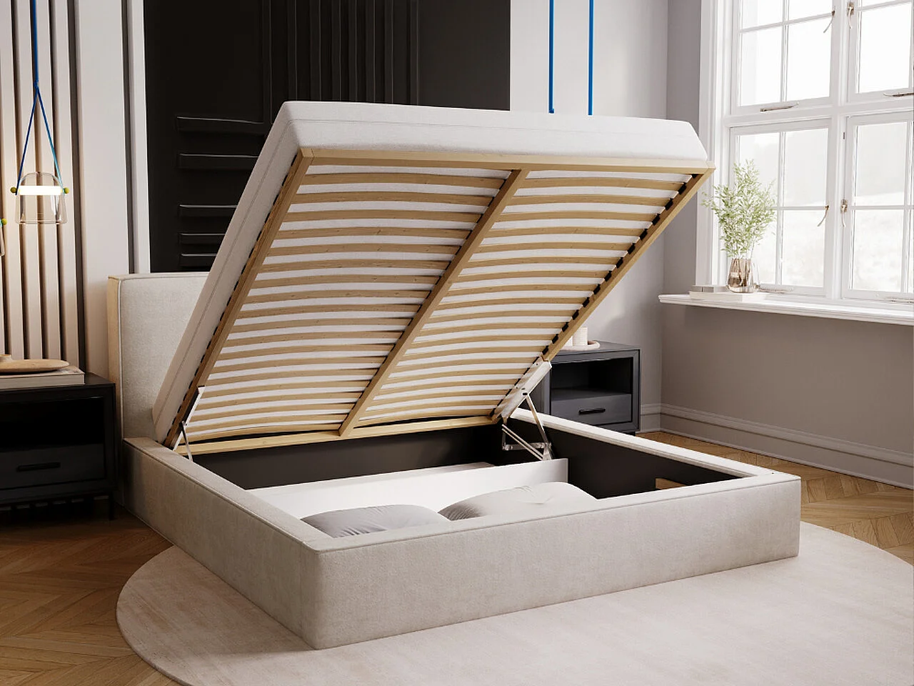 Gestoffeerd bed Monaco 200x200 lichtgrijs - opbergruimte voor beddengoed, houten lattenbodem, doorgestikt hoofdbord en bedframe