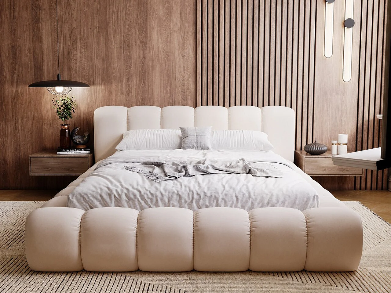 Polsterbett mit Bettkasten - 180 x 200 - Samtstoff - Beige - Bett mit Lattenrost - DORIA