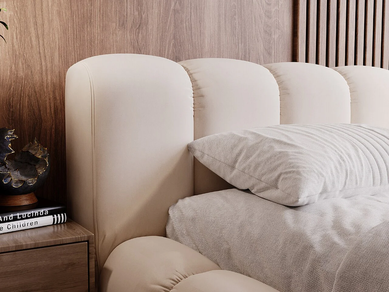 Polsterbett mit Bettkasten - 180 x 200 - Samtstoff - Beige - Bett mit Lattenrost - DORIA