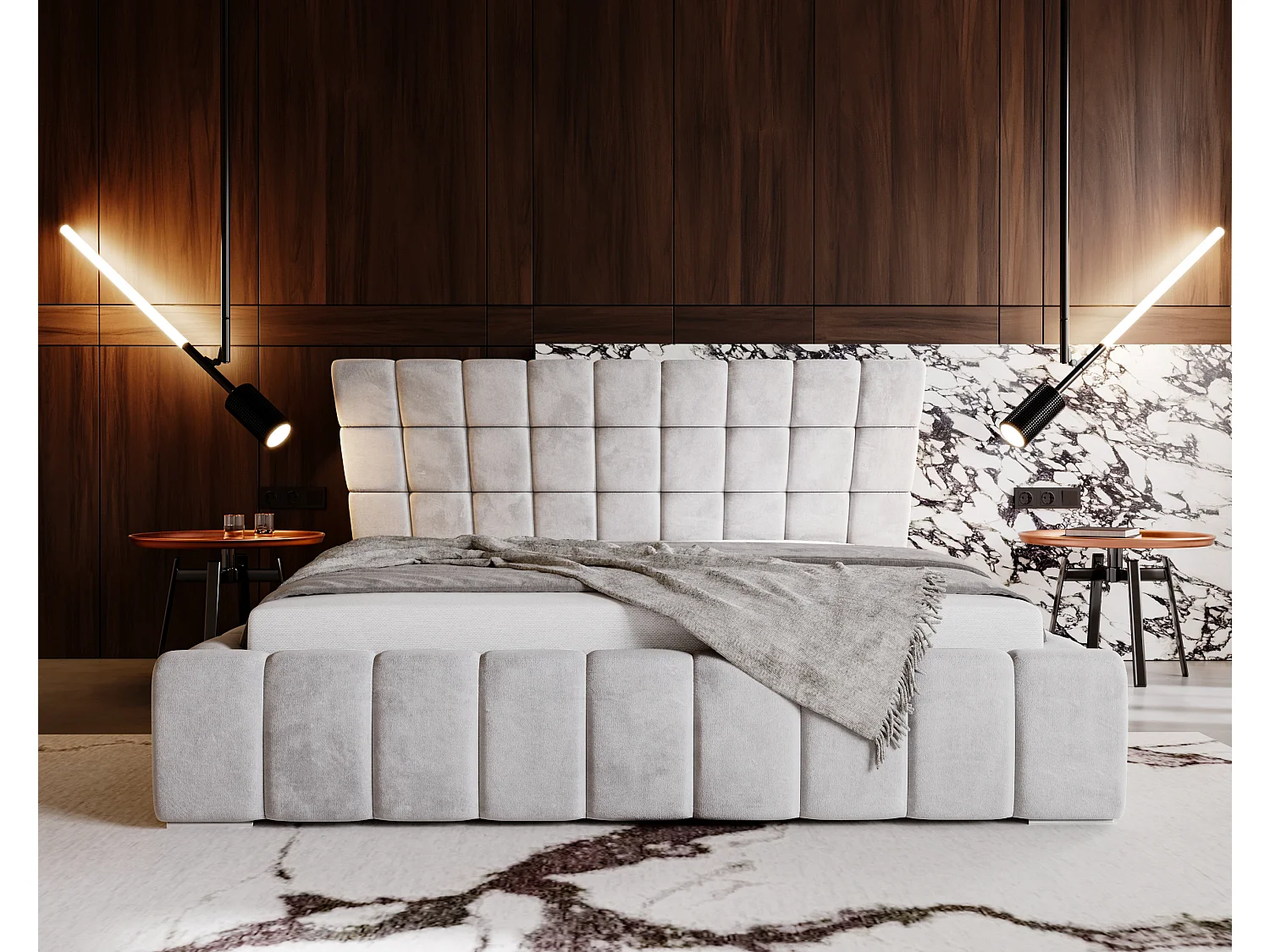 Lit rembourré avec rangement - 160 x 200 - lit double - velours - gris clair - Paris