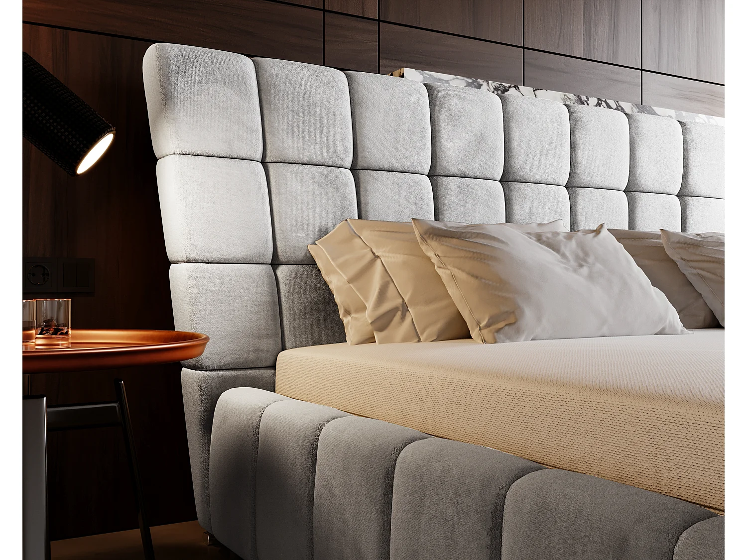 Gestoffeerd bed Paris 160x200 lichtgrijs - opbergruimte voor beddengoed, houten lattenbodem, doorgestikt hoofdbord en bedframe