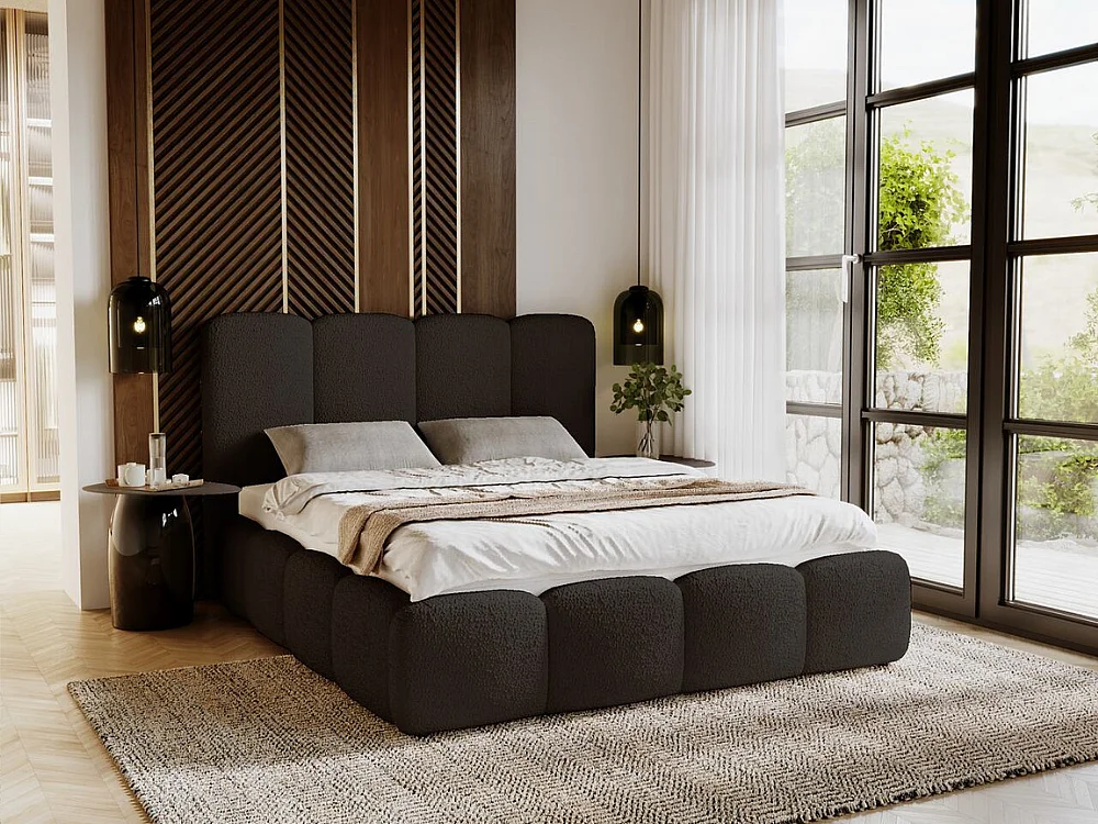 Lit rembourré avec rangement - 160 x 200 - lit double - bouclé - noir - Galli