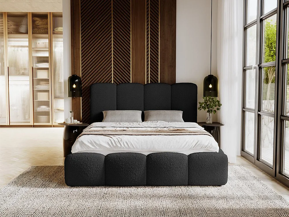 Lit rembourré avec rangement - 160 x 200 - lit double - bouclé - noir - Galli
