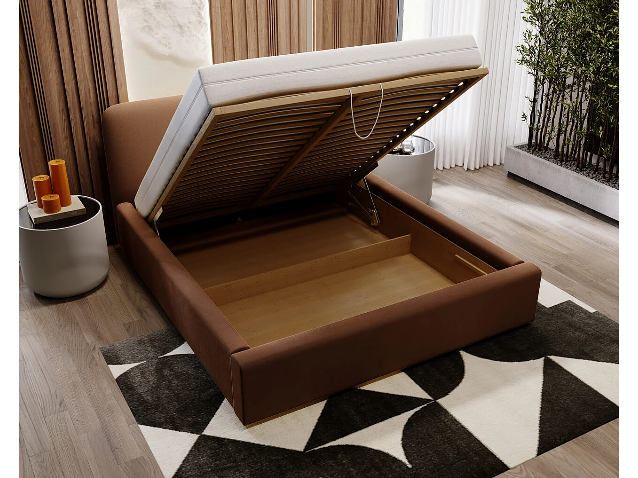 Lit rembourré avec rangement - 200 x 200 - lit double - velours - marron - Palermo