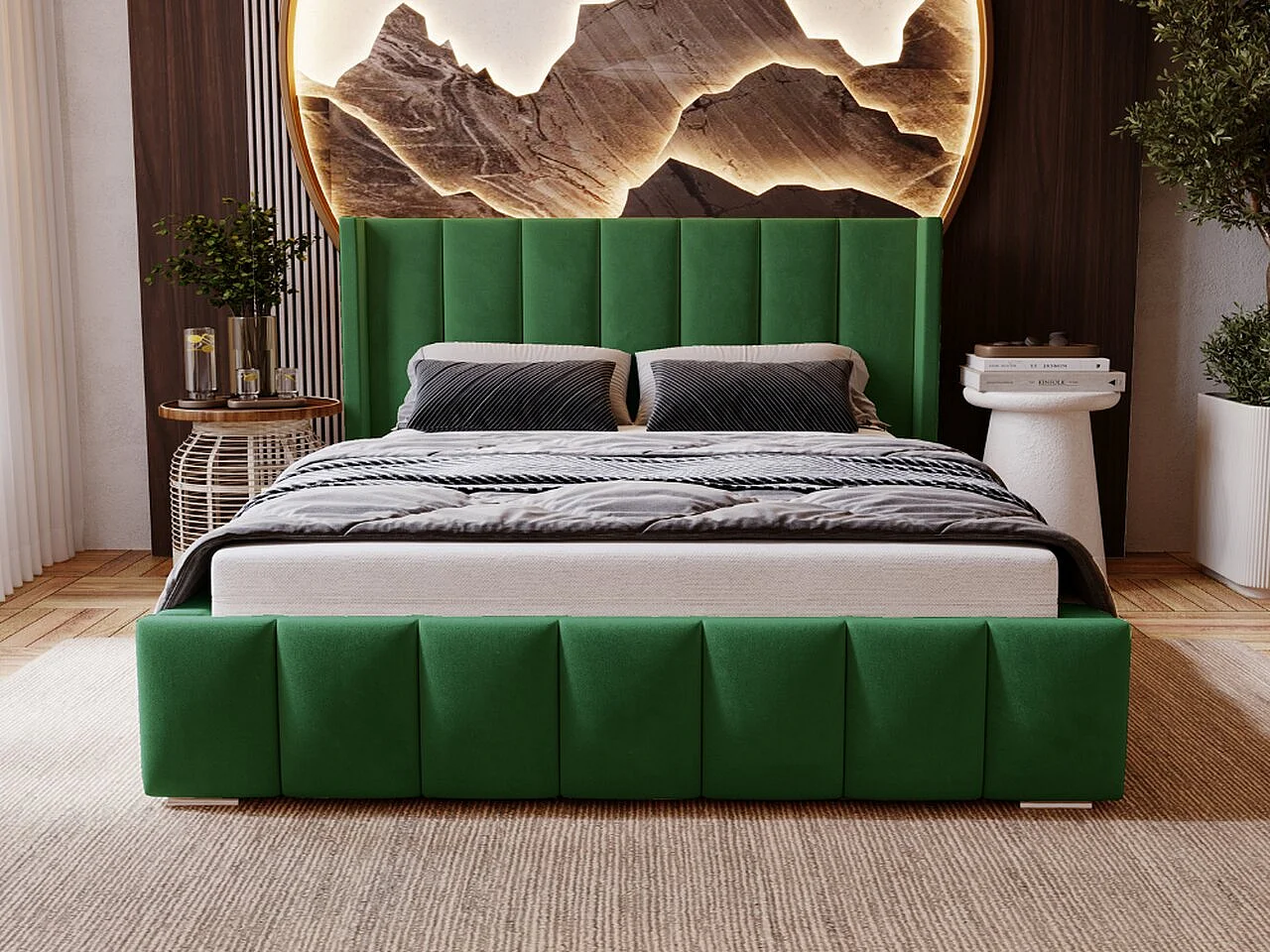 Lit rembourré avec rangement - 120 x 200 - lit double - velours - vert - Marano