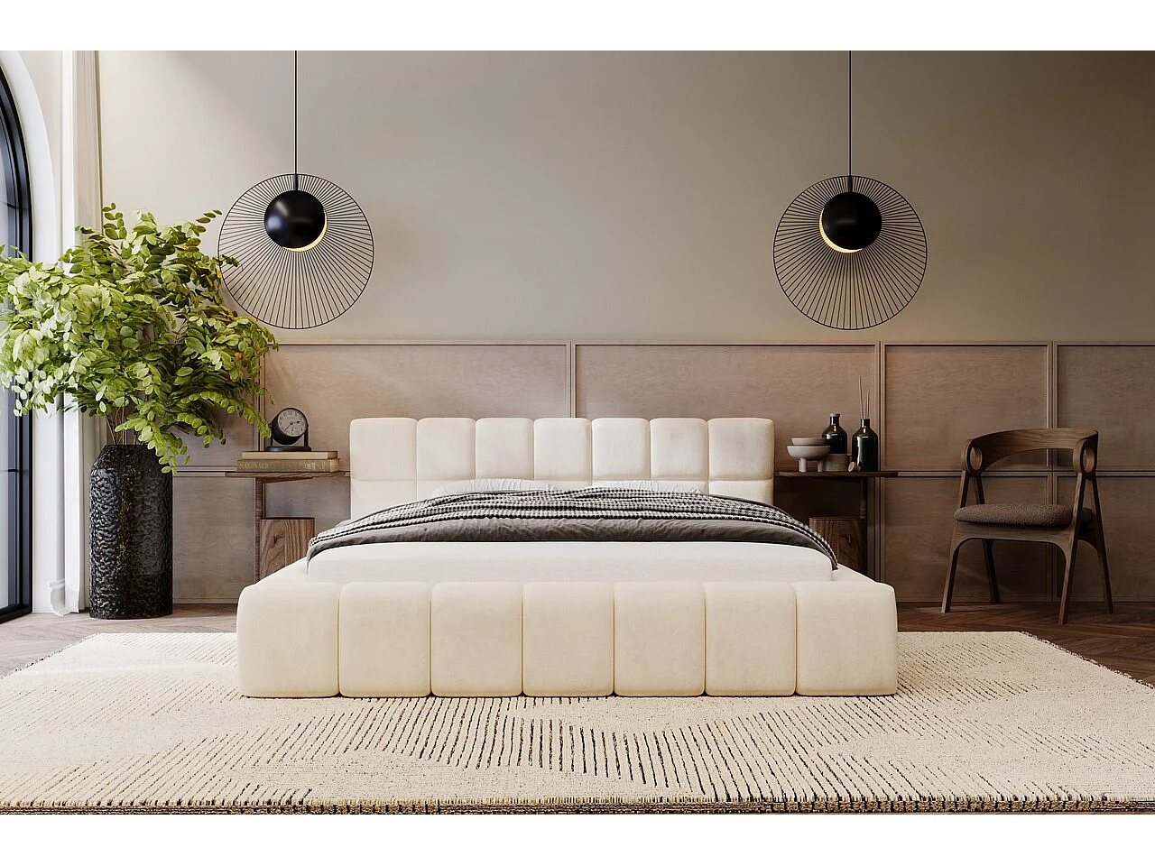 Gestoffeerd bed Alicante 120x200 crème - opbergruimte voor beddengoed, houten lattenbodem, doorgestikt hoofdbord en bedframe.