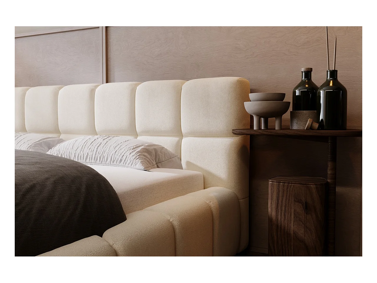 Lit rembourré avec rangement - 120 x 200 - lit double - velours - beige - Alicante