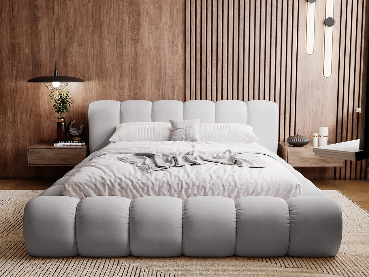 Polsterbett mit Bettkasten - 120 x 200 - Samtstoff - Hellgrau - Bett mit Lattenrost - DORIA