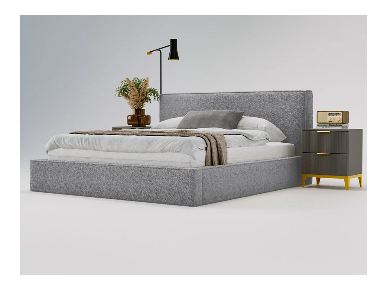 Lit rembourré avec rangement - 200 x 200 - lit double - bouclé - gris - Monaco