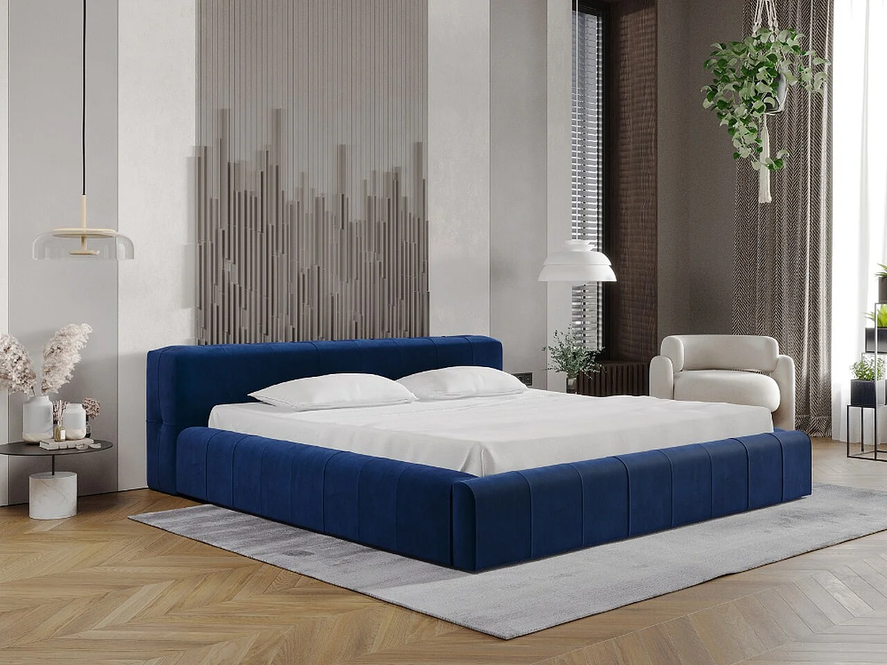 Lit rembourré avec rangement - 160 x 200 - lit double - velours - bleu marine - Lipari