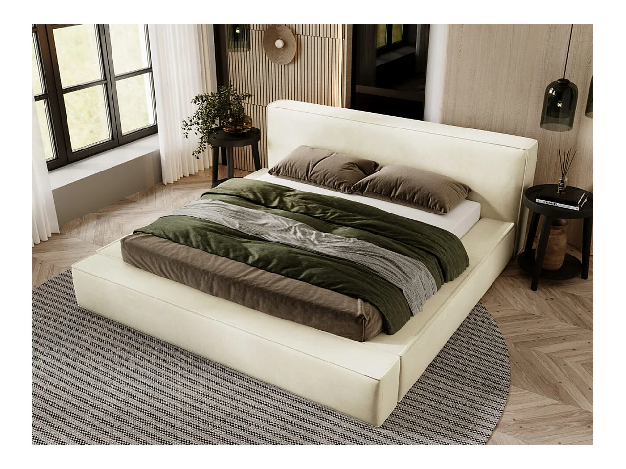 Lit rembourré avec rangement - 160 x 200 - lit double - velours - beige - Mali