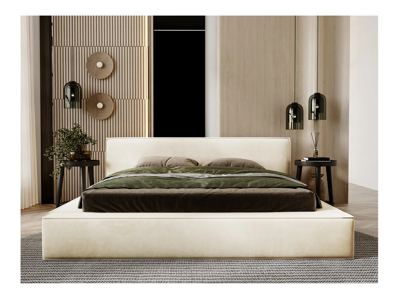 Lit rembourré avec rangement - 160 x 200 - lit double - velours - beige - Mali