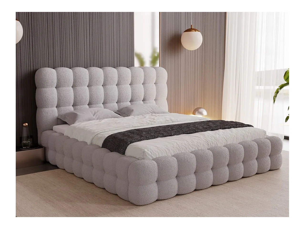 Lit rembourré avec rangement - 200 x 200 - lit double - bouclé - gris - Twist
