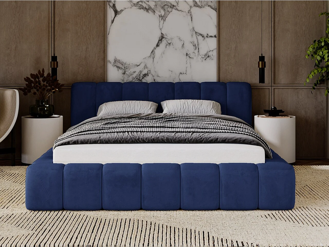 Polsterbett mit Bettkasten - 160 x 200 - Samtstoff - Blau - Bett mit Lattenrost - IBIZA