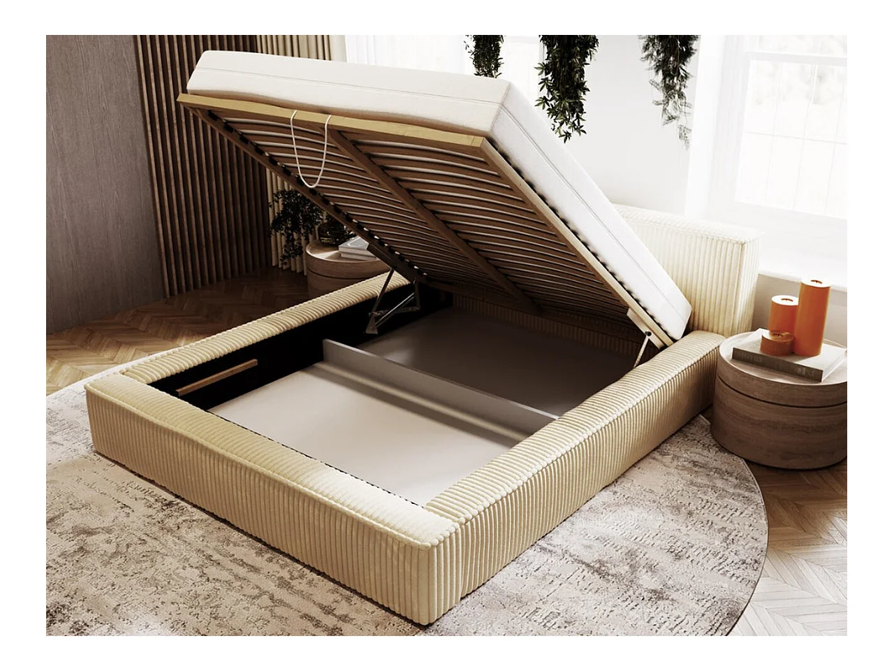 Gestoffeerd bed Lago 140x200 beige - opbergruimte voor beddengoed, houten lattenbodem, doorgestikt hoofdbord en bedframe