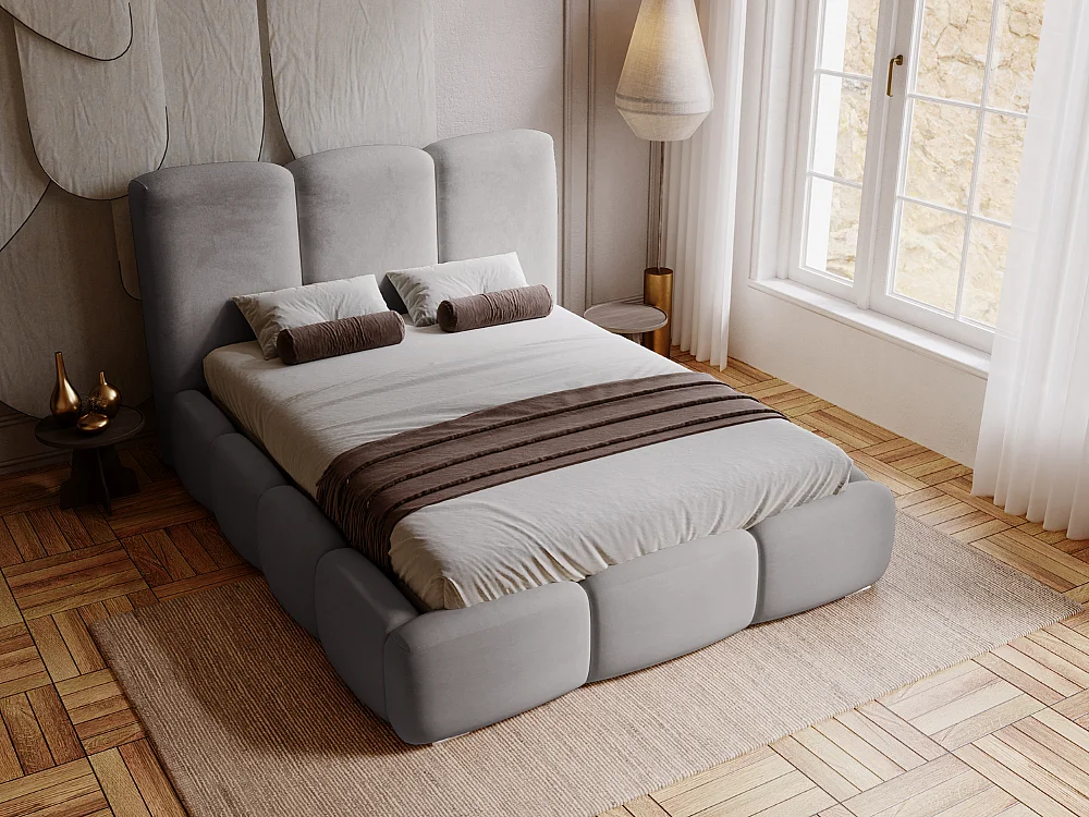Polsterbett mit Bettkasten - 160 x 200 - Samtstoff - Grau - Bett mit Lattenrost - BUBBLE