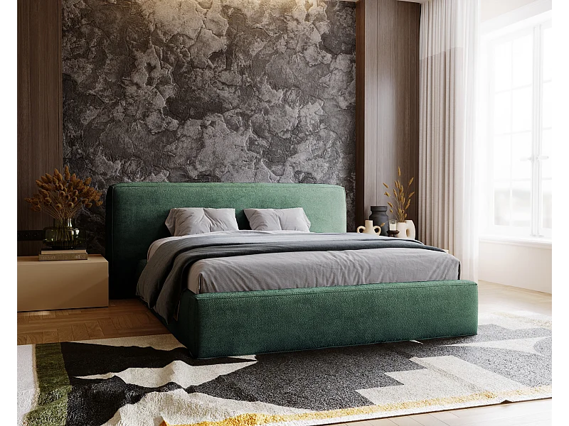 Gestoffeerd bed Monza 180x200 groen - opbergruimte voor beddengoed, houten lattenbodem, doorgestikt hoofdbord en bedframe