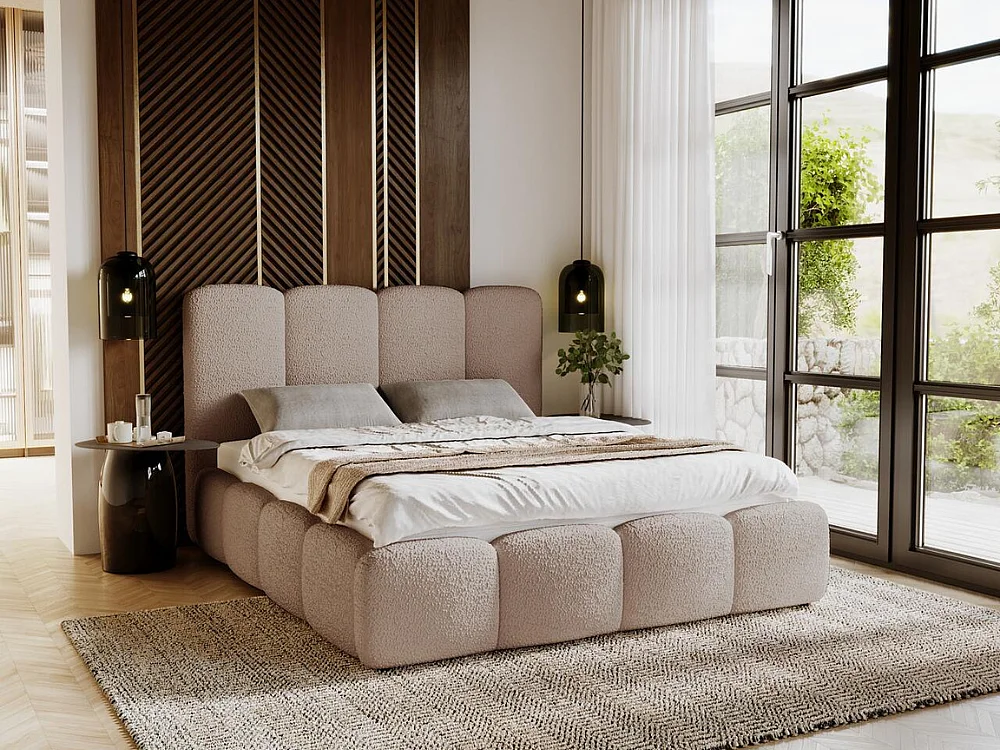 Lit rembourré avec rangement - 140 x 200 - lit double - bouclé - marron - Galli