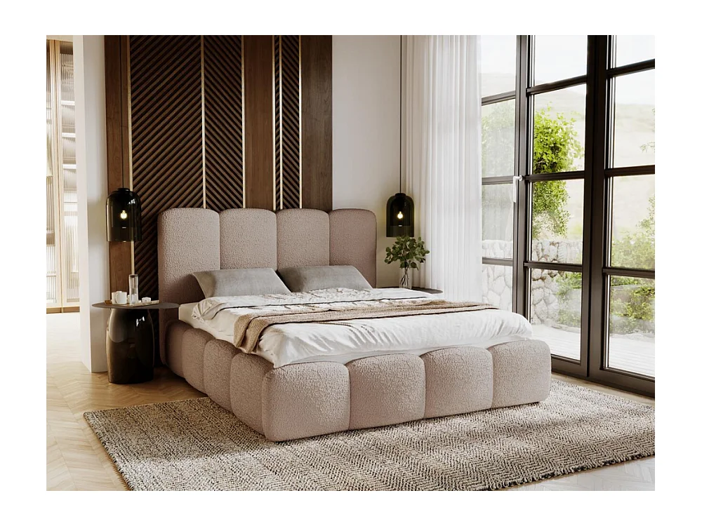 Polsterbett mit Bettkasten - 140 x 200 - Bouclestoff - Hellbraun - Bett mit Lattenrost - GALLI