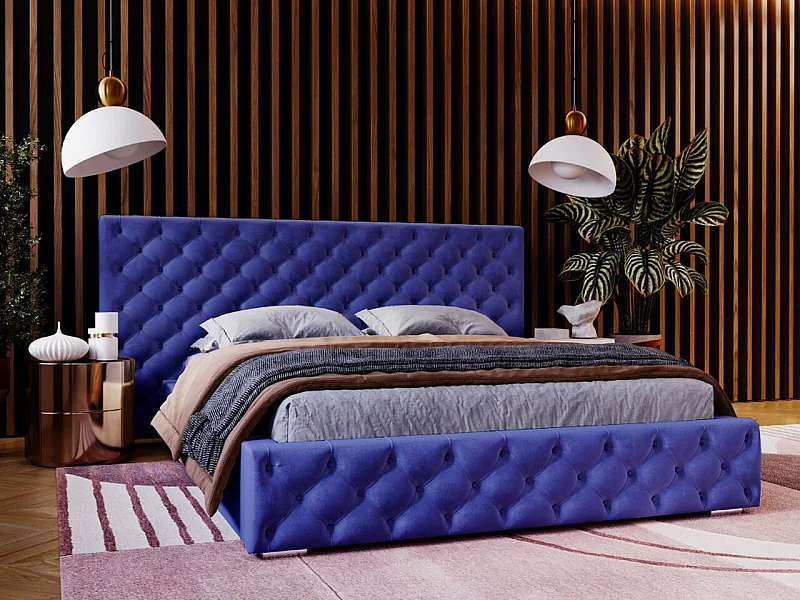 Lit rembourré avec rangement - 180 x 200 - lit double - velours - bleu - Madera