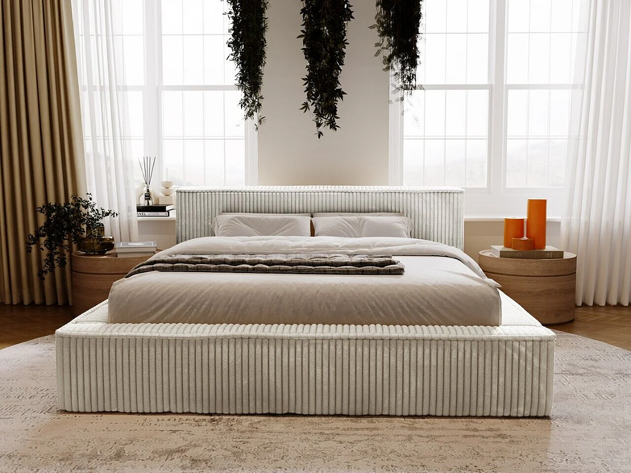 Gestoffeerd bed Lago 180x200 lichtgrijs - opbergruimte voor beddengoed, houten lattenbodem, hoofdbord en bedframe