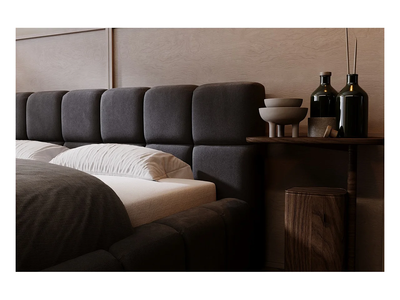 Lit rembourré avec rangement - 140 x 200 - lit double - velours - anthracite - Alicante