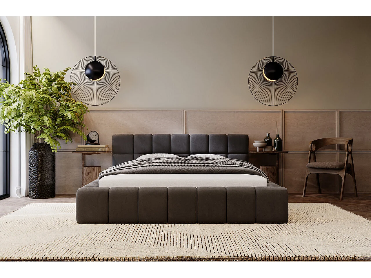 Lit rembourré avec rangement - 140 x 200 - lit double - velours - anthracite - Alicante