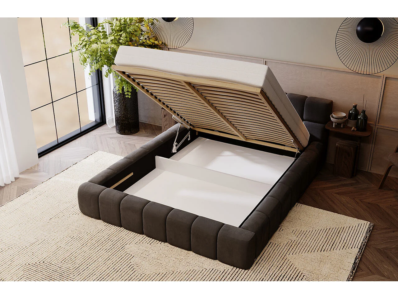 Lit rembourré avec rangement - 140 x 200 - lit double - velours - anthracite - Alicante