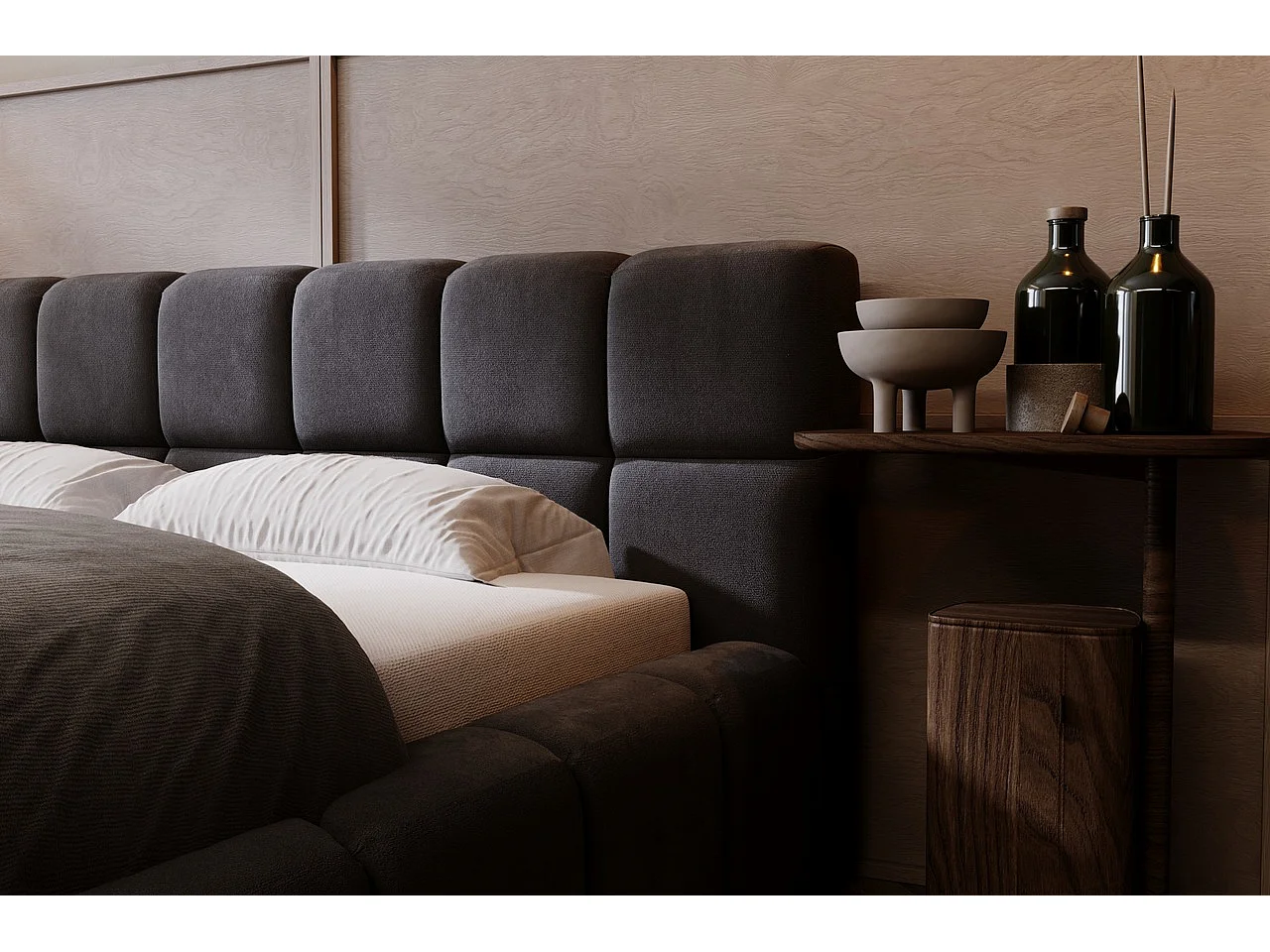 Lit rembourré avec rangement - 140 x 200 - lit double - velours - anthracite - Alicante