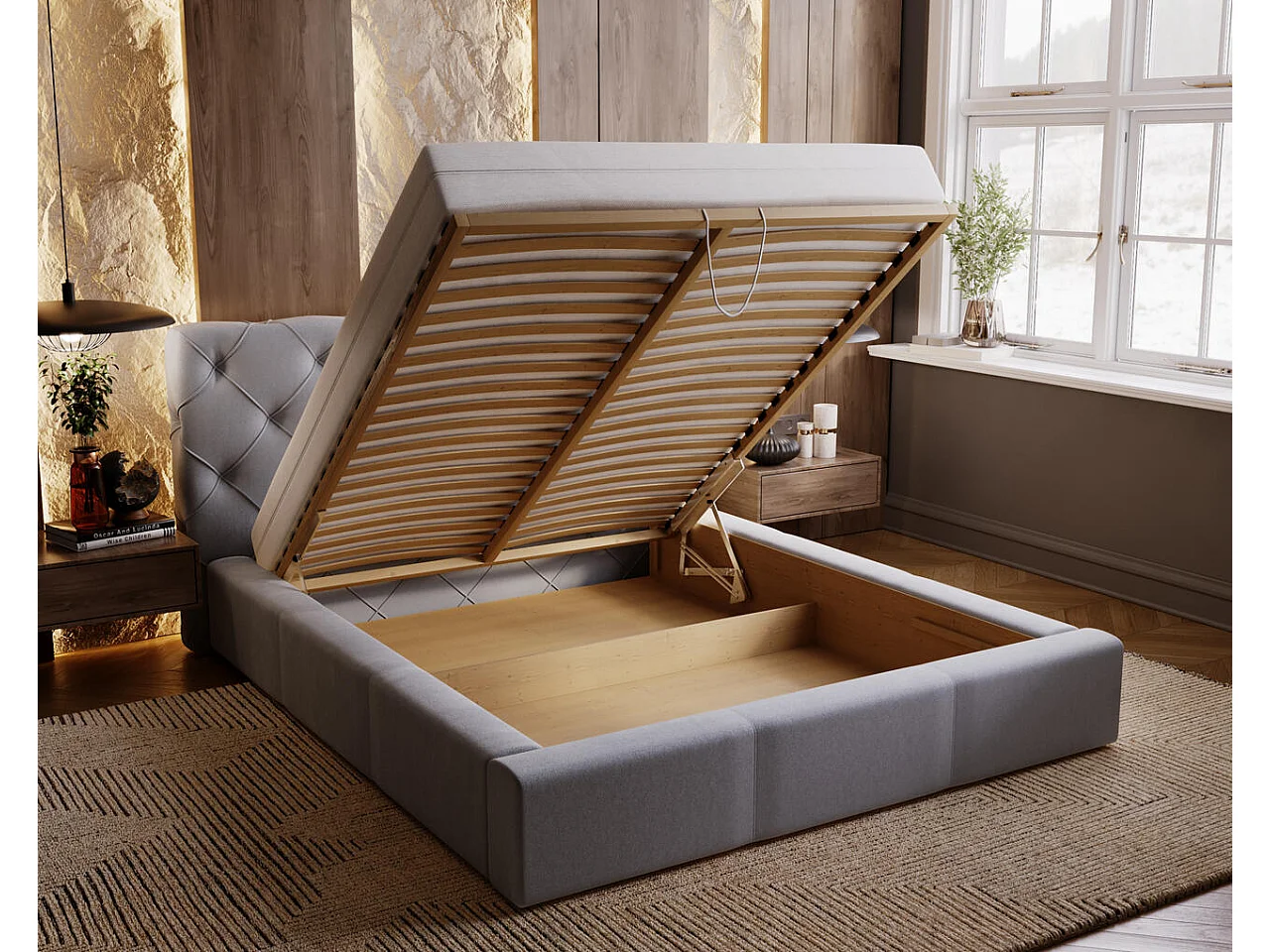 Lit rembourré avec rangement - 200 x 200 - lit double - velours - gris clair - Milano