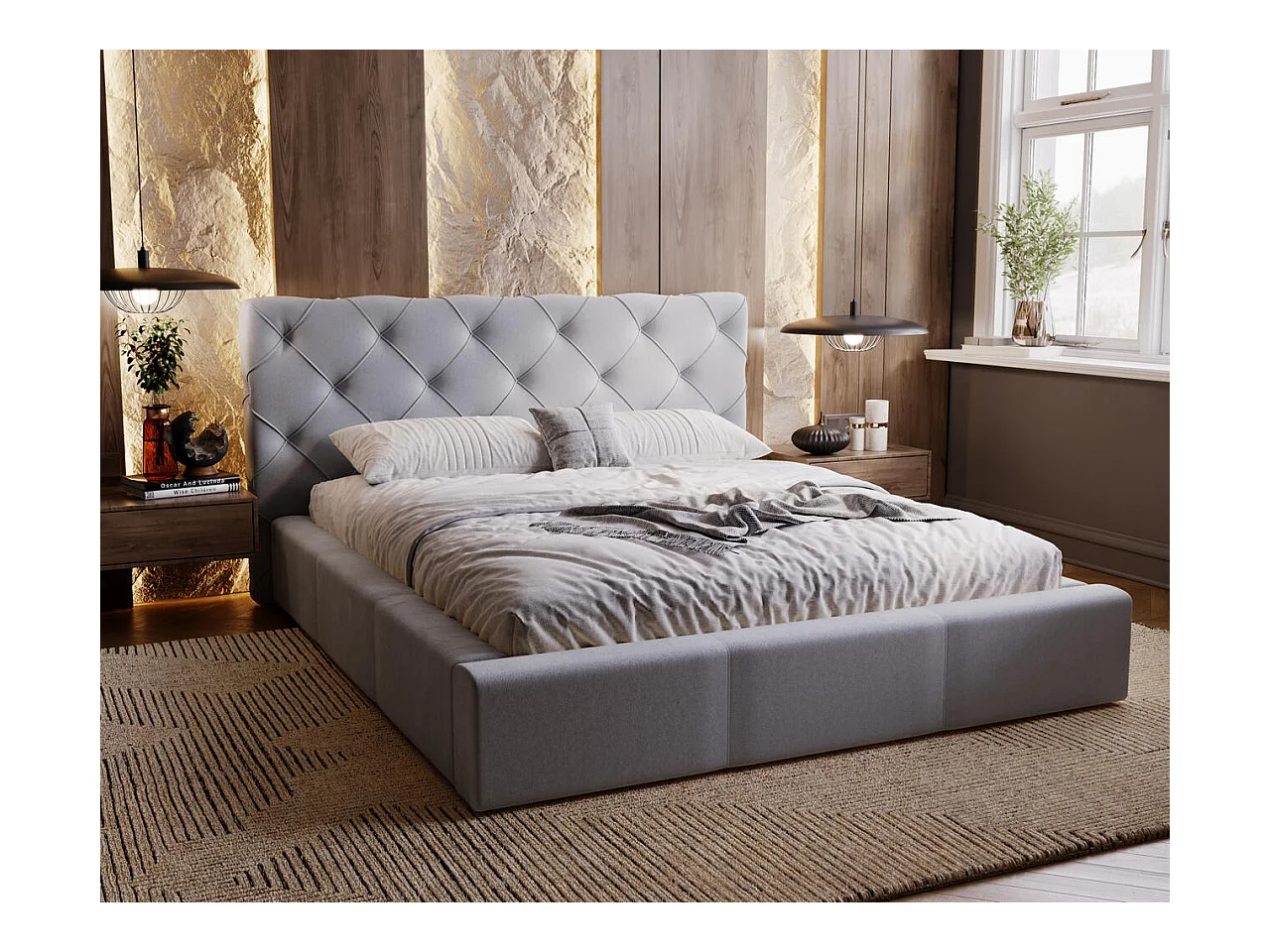 Lit rembourré avec rangement - 200 x 200 - lit double - velours - gris clair - Milano
