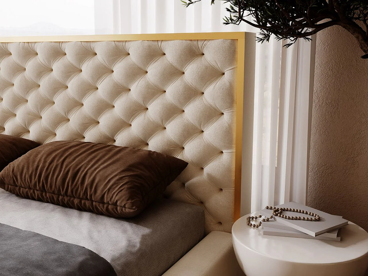 Lit rembourré avec rangement - 160 x 200 - lit double - velours - beige - Wave